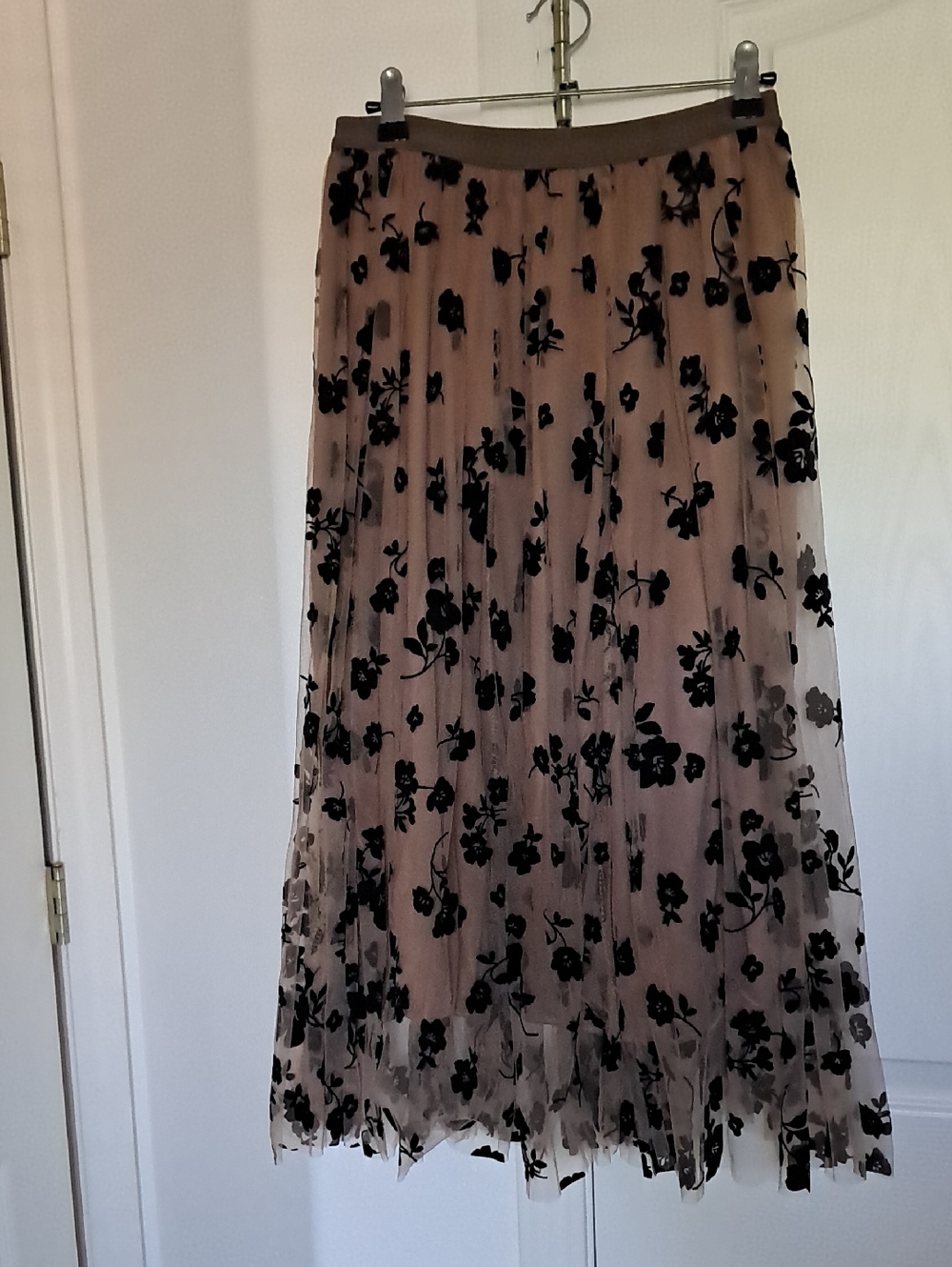 Amazon Blush Midi Skirt with Black Floral Velvet Overlay